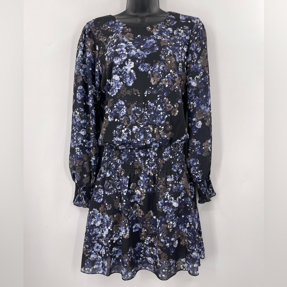 Parker Dress Long Sleeve Blue Floral Dress Smocked Waist & Cuffs Size Small